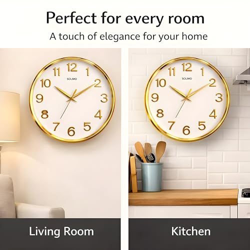 Image of Amazon Brand - Solimo 12 Inches Silent Wall Clock for Living Room Bedroom Office Plastic Easy to Read 3D Numbers Modern Stylish Sweep Movement Wall Clock for Home 1603DX (Golden)