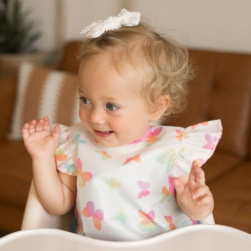 Image of Tiny Twinkle Mess Proof Baby Bib for Girls | Waterproof Toddler Bib for Eating | Baby Apron for Feeding | Machine Washable | Perfect Shower Gift (Butterflies, 6-24M)