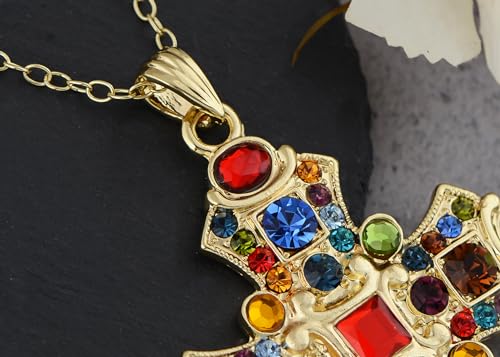 Image of Alilang Ornate Antique Golden Tone Colorful Rhinestone Cross Pendant Necklace
