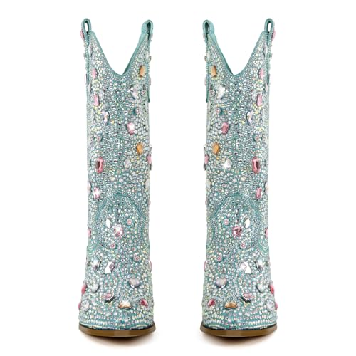 Image of Richealnana Sparkly Rhinestones Cowboy Cowgirl Style Boots Calf High Boots for Women 2INCH Heeled Shining Pull On Tabs