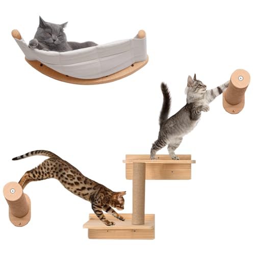 Juego de Pared Trepadora para Gatos - Muebles de 5 Piezas de Madera Maciza en Color Madera, Escaleras, Tumbona y Rascador