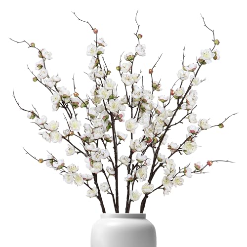 Betylifoy 4 Stück Künstliche Pflaumenblüte Kunstblume Zweige 97cm Lang Künstliche Blumen Pflaumenblütenzweige Kunstpflanze für Zuhause Tisch Hochzeits Büro Dekoration (Weiß)