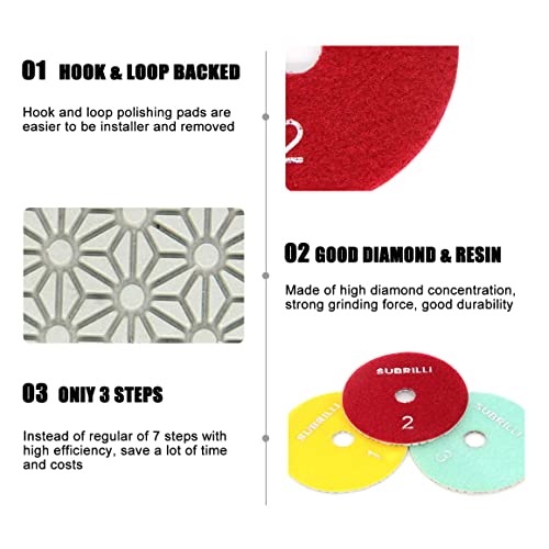 SUBRILLI Dry/Wet 3 Step Diamond Polishing Pads 4 Inch for Granite Marble Quartz Concrete