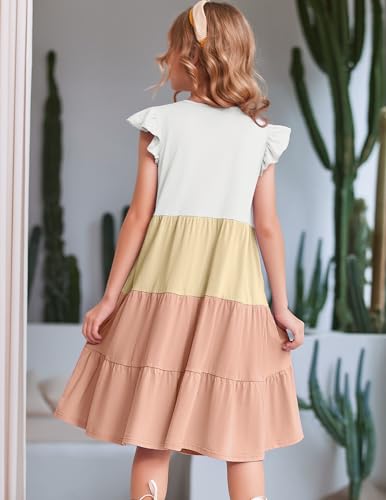 Arshiner Mädchen Kleider Rüschenärmel Sommer Kinder Baumwolle Freizeitkleid Rundhals ärmellos Swing Festliches Kleid für Mädchen 12-13 Jahre