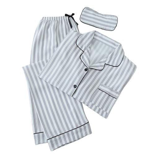 La Mejor Recopilación de Pantalones de Moda para Dama los mejores 5. 43 Conjunto de pijama genérico para mujer, 3 piezas, camisa de manga larga con botones y pantalones largos, conjunto clásico a rayas suave y cómoda, A01_gris, Large