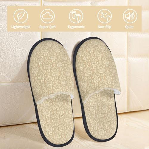 Damask Beige Tan Brown Print Women'S Fuzzy Slip On Indoor Outdoor Winter House Slippers3