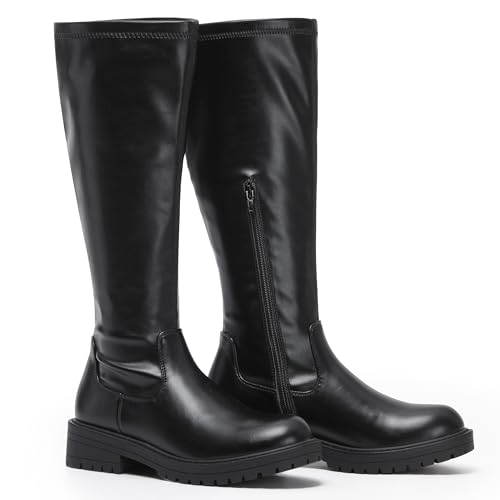 VIVASHOES Women's Black Knee High Flat Riding Boots Stretch – Faux Leather Winter Booties for Women, Slip-Resistant Chunky Sole, Low Heel Comfort Shoes – Stylish Everyday Tall Boots - Black 8