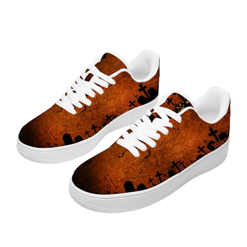 Personalized Custom Name Halloween Low-Top Sneakers Womens, Cute Spooky Print Popular Casua Comfortable Outdoor Everyday Walking Shoes, White Fashion Sneakers for Women4