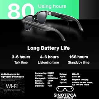 SINOTE'CA AI Smart Glasses con Telecamera 8MP, Occhiali Intelligenti con Lenti Fotocromatiche, Occhiali da Sole Bluetooth, Traduzione in Tempo Reale, Musica Open-Ear, Microfono Dual Noise Reduction