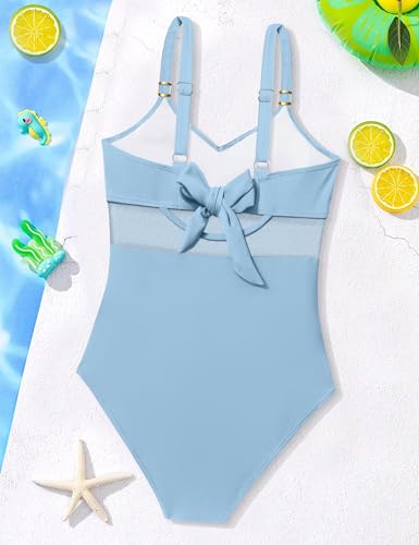 Image of Girls Swimsuit Criss Cross One Piece Swimsuits Wrap Tie Back Sheer Mesh Bathing Suit with Gold Metal Swimwear 9-16Y