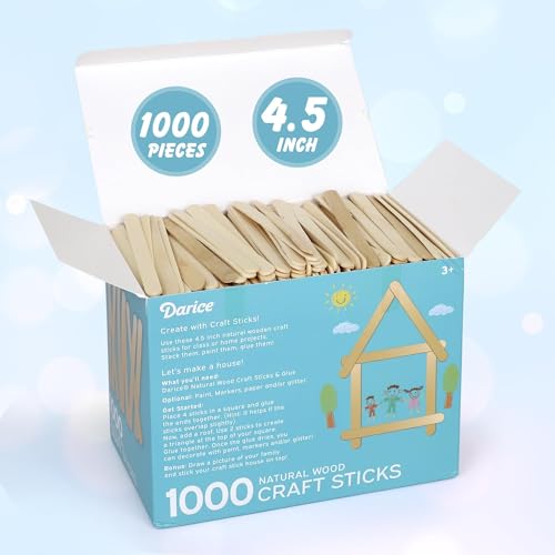 Darice 1000 Pcs Popsicle Stick, 4.5" Natural Wood Craft Sticks Supplies, Ice-Cream Stick Pop, Ages 3+