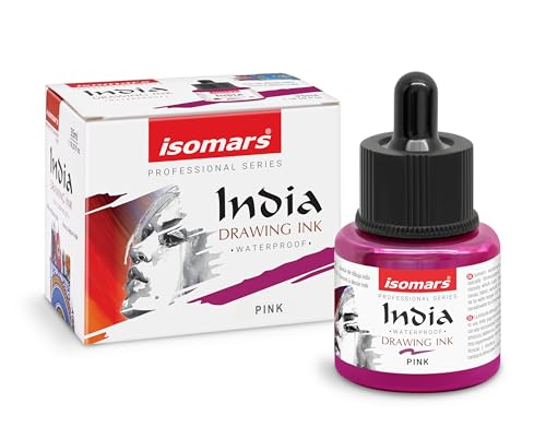 Image of Isomars Waterproof Drawing Ink with Dropper - 35ml | India Ink for Calligraphy, Art, Technical Drawing | Fade-Resistant & Quick-Drying (Pink)