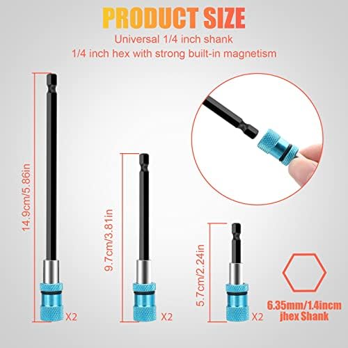 6pcs Magnetic Bit Holder Extension Bar for 1/4 Inch Hex Shank Electric Screwdriver Bits, Quick Change Stainless Steel Screwdriver Bit Holder for Power Tools, Hand Held Drivers, Drills, Screw Drivers