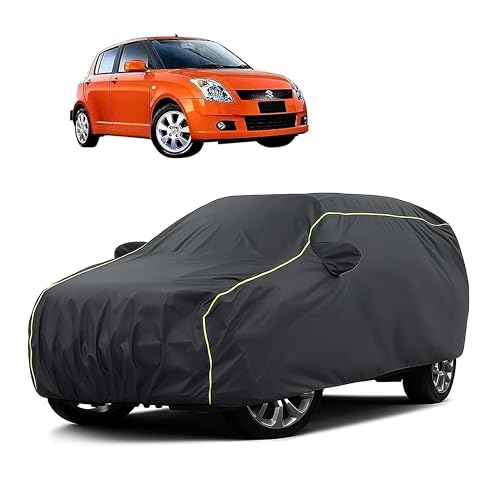 Image of Sulfar 100% Water Resistant Car Body Cover Compatible with Mirror for Maruti Suzuki Old Swift (Triple Stitched, Full Bottom Elastic, Dark Grey Taffeta with Yellow Piping)