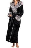 Alexander Del Rossa Women's Faux Fur Feather Hooded Robe, Soft Plush Fleece Bathrobe with Hood Black with Gray Wolf Fur Small (A0296BSGSM)