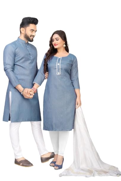 Cotton Blend Couple Coordinated Set, Traditional Kurta Pajama & Kurti with Dupatta, Wedding and Festival Wear, (4 Pieces)