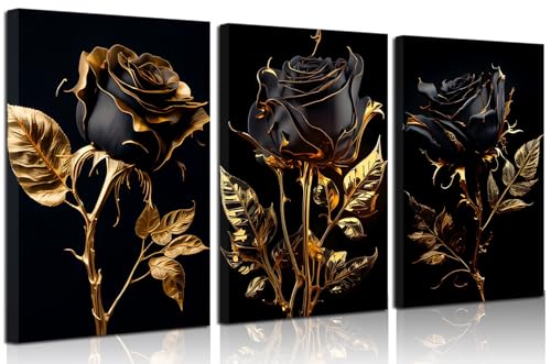3pcs Black Gold Rose Canvas Wall Art Abstract Black Plant