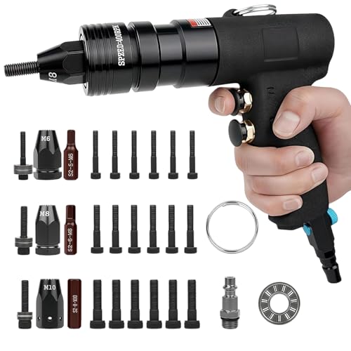 Maeklon Pneumatic Rivet Nut Gun Kit M6 M8 M10 (1/4 5/16 3/8) Self-Locking Head Mandrels Adjustable Speed Rivnut Gun for Fastening Quick-Change in 3 Sizes 6 Mandrels Included for Every Size