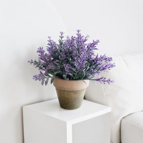 Image of Garden Art Artificial Lavender Plant in Rustic Pot - Realistic Faux Lavender Flowers for Home Decor, Office Desk, Tabletop, Farmhouse & Modern Decoration (P-093Purple)