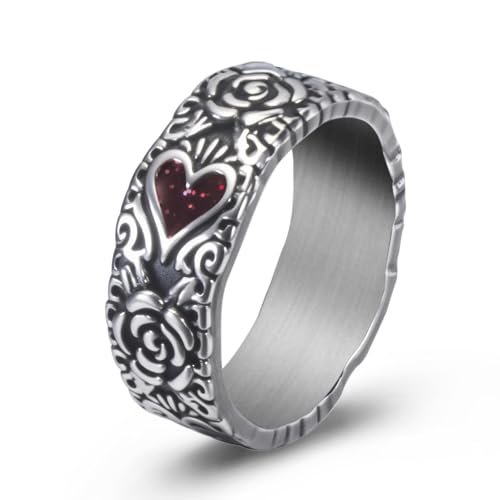 ELFASIO Vintage Silver Gothic Heart Rose Ring for Women, girlRed Enamel Statement Rings Cocktail Party Goth Y2K Punk Rock Jewelry Size 11