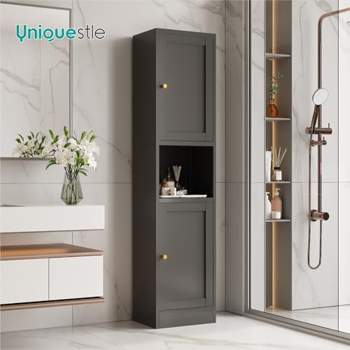 Image of 67 inch Tall Narrow Storage Cabinet with Doors and Open Shelf,Metal Pantry Cabinet,Shaker Style Slim Cabinet with Adjustable Shelves,for Bathroom Kitchen Laundry Small Spaces, Black, 1Pc