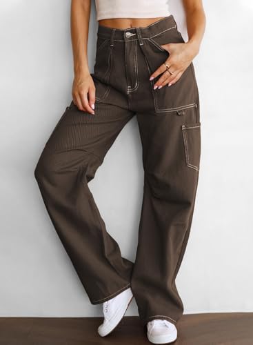 Dokotoo Cargo Jeans for Women Trendy Baggy Womens Jeans Women's Brown Pants 2024 Palazzo Dress Pants for Women High Waisted Pockets Stretchy Pants Fall Fashion Clothes3