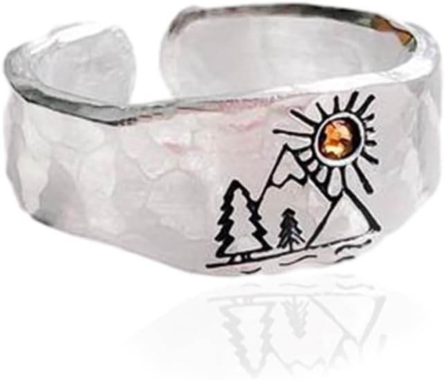 Hebelee Vintage Mountain Sunset Band Ring for Women Silver Plated Adjustable Statement Nature Forest Landscap Knuckle Hugging Wrape Rings Wedding Christmas Holiday Jewelry Delicate Present