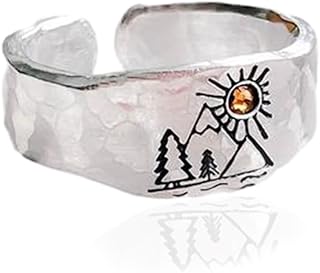Vintage Mountain Sunset Band Ring for Women Silver Plated Adjustable Statement Nature Forest Landscap Knuckle Hugging Wrape Rings Wedding Christmas Holiday Jewelry Delicate Present