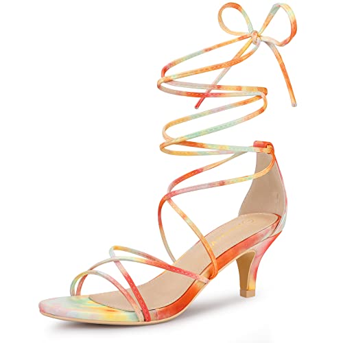 Allegra K Women's Strappy Tie Dye Heels Lace Up Kitten Heel Sandals