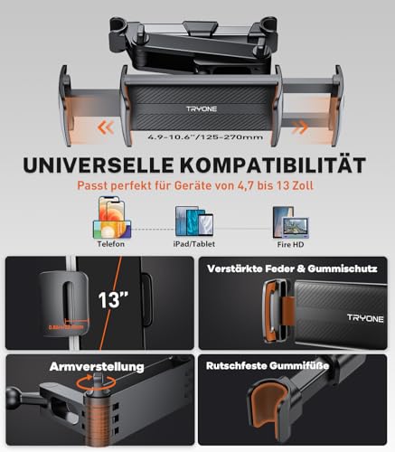 TRYONE Tablet Halterung Auto, Tablet Halter Kopfstütze - Ausziehbare KFZ-Kopfstützenhalterung für iPad iPhone Serie/Samsung Galaxy Tabs/Kindle Fire HD/Switch usw. 4,7-11 Zoll Geräte