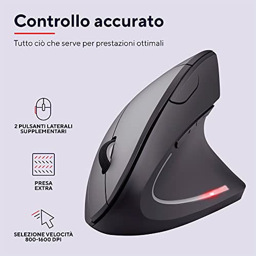 Verto 60 Pack - 60x Mouse Verticale Wireless, Mouse Ergonomico senza Filo, 800/1200/1600 DPI, Microricevitore USB, 2.4GHz, 6 Pulsanti per PC, Computer, Portatile, Mac, Batterie Incluse - Nero - Mouse gaming - Immagine 3