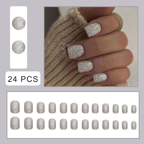 Silver Shiny Glitter Press on Nails - Glossy Manicure Decoration