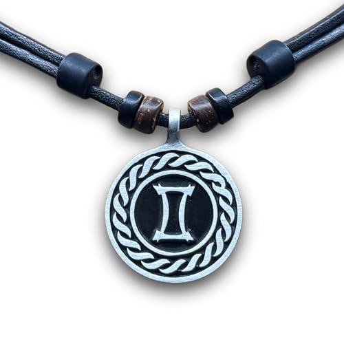 HANA LIMA Sternzeichen Tierkreiszeichen an verstellbarer Lederkette Halskette Surferkette Horoskop (D - Zwillinge / 21. Mai - 21. Juni)