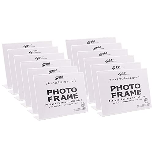 Photo Booth Frames - 7X5 Inch Clear Acrylic Display, Slanted Back 7X5 Horizontal Picture Or Display Plastic Sign Holder With Inserts - 12 Count #TOP28