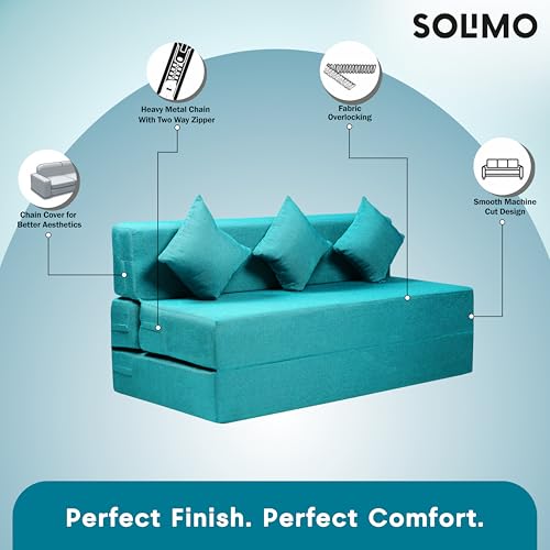 Image of Amazon Brand - Solimo 3 Seater 5 * 6 Jute Fabric Washable Cover Sofa Cum Bed with 3 Cushions 3 Seater Double Foam Fold Out Sofa Cum Bed (Finish Color - Sky Blue Delivery Condition - Pre-Assembled)