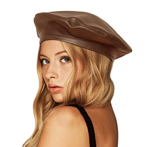 Wheebo Berretti in Pelle PU per Le Donne francesi Berretti Cappelli Artista Pittore Cappello Classico Solido Stile, Marrone, Taglia Unica