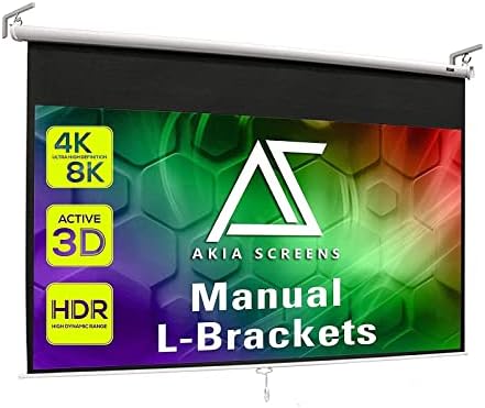 Akia Screens 100 inch Projector Screen Pull Down Manual B 16:9 8K 4K HD 3D Ceiling Wall Mount White Portable Projection Screen Retractable Auto Locking AK-M100H1 with 10 inch L-Bracket White AK-ZLB10W