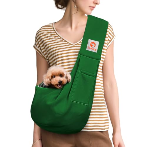 Image of Tomkas Small Dog Cat Sling Carrier Puppy Purse Travel Wrap Soft Crossbody Pet Bag (Emerald Green, M - Classic Pocket & Classic Strap)