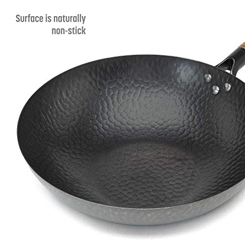 Goodful Hammered Carbon Steel Pow Wok Pan With Lid Cookware Set, Lid And Ergonomical Comfort Grip Handle Made From Authentic Wood, Flat Bottom Is Compatible With Most Cooktops,13-Inch, Black #TOP3