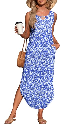 Image of MISFAY Womens Maxi Dress Short Sleeve V Neck Loose with Pockets | Soft stretchy breathable, v neck loose fit, side split hem, two side pockets, casual daily beach vacation travel dress