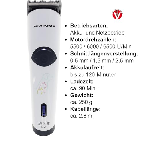 Rotschopf24 Aesculap Akkurata 2 GT407. Profi Hunde Schermaschine. Akku & Netzbetrieb, 180 Min Laufzeit, 3 Geschwindigkeiten, Präzisionsmesser, inkl. 8 Metallkämme + Tasche. Made in Germany.
