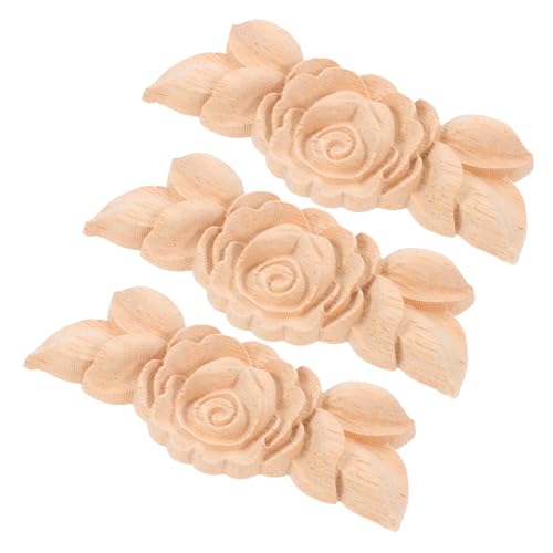 Beavorty Ensemble de 3 Appliques en Bois Sculpté de Rose 9 X 3,5 Cm Non Peintes pour Décoration Intérieure, Meubles, Portes et Têtes de Lit, Accessoires Décoratifs Bois Naturel