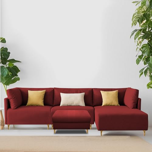 Image of Carina RHS 4 Seater L Shape Sofa Set with Center Table for Living Room (Maroon Fabric) Premium Fabric Sofa