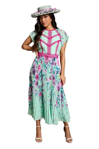 Image of Coast Petite Lisa Tan Floral Printed Lace Trim Pleated Midi Dress, 14, Sage