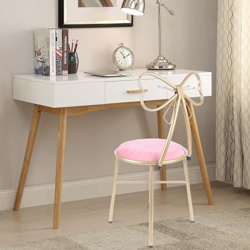 Image of Velvet Vanity Chairs, Metal Cute Butterfly Stool Chair Dresser Makeup Chairs Stool with Pink Velvet Cushion and Bow Knot Backrest for Girl Bedroom, Living Room (Dark Pink)