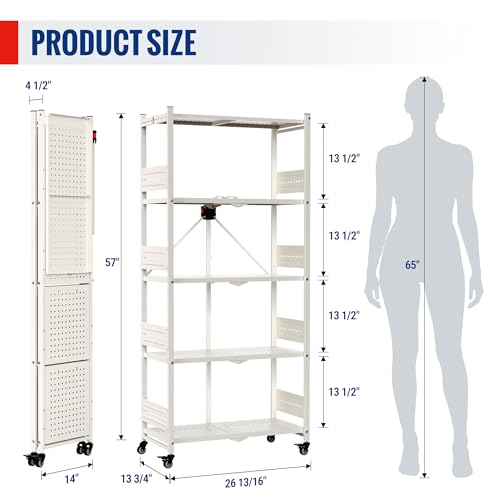 Image of WORKPRO 5-Tier Folding Shelf, No-Assembly Metal Storage Rack with Wheels, 750 lbs Capacity (with Leveling Feet), Collapsible Shelving Unit for Kitchen, Pantry, Closet & Craft Shows - White