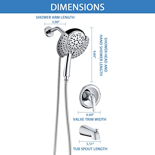 Proox Tub Shower Faucet Set With Valve, 2-In-1 Detachable 9 Setting Dual Shower Head With Handheld Bathtub Combo, Single Handle Valve& Trim Kit, 71" Stainless Steel Hose, Chrome #TOP7