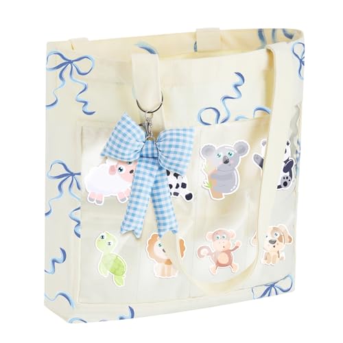 Eccliy 8 Grid Figure Tote Bag Clear Figure Display Bag with Blue Bowknot Portable Display Case for Mini Figures Dolls, Blue and White