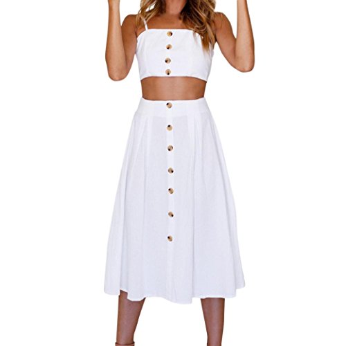 Vestidos MujerVestidos Mujer Verano Conjunto de Falda Mujer Vacaciones Bowknot Encaje Playa Botones Tops Chaleco y Falda Conjuntos Vestido de Playa (Blanco, S)