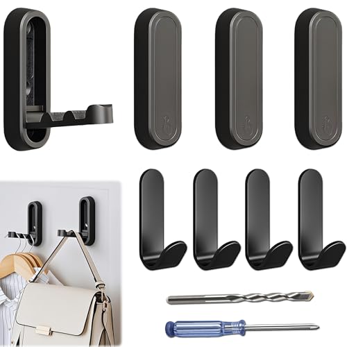 4PCS Foldable Wall Hooks, Folding Coat Hook, Folding Hook Wall Mount with 4pcs L-Shape Nail-Free Hooks, Screwdriver and Drill Bit, for Bathroom, Kitchen, Entryway, Holds Coats, Backpacks, Hats, Keys